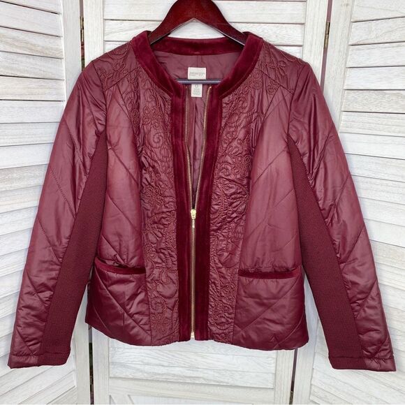 Zenergy by Chico’s Quilted Embroidered Puffer Moto Jacket Maroon Red Small - Picture 9 of 16